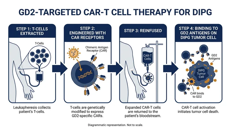 How CAR-T cells are engineered to target the GD2 molecule on DIPG tumors.