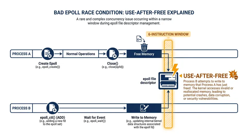 The Bad Epoll vulnerability triggers when two kernel processes collide within a microscopic six-instruction window.
