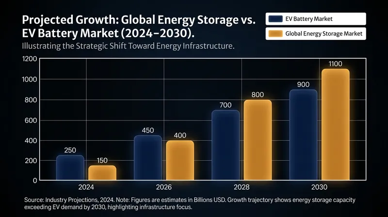 Energy storage and infrastructure are projected to outpace traditional EV battery growth by 2030.