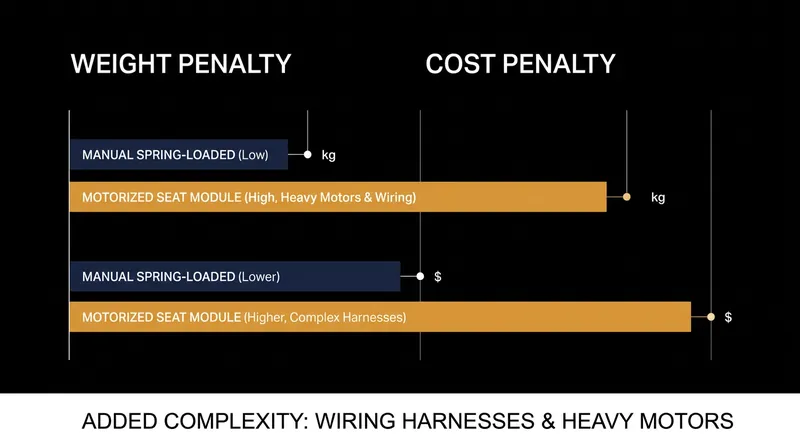 Motorized seating modules add significant weight and complexity to electric vehicles compared to traditional manual latches.