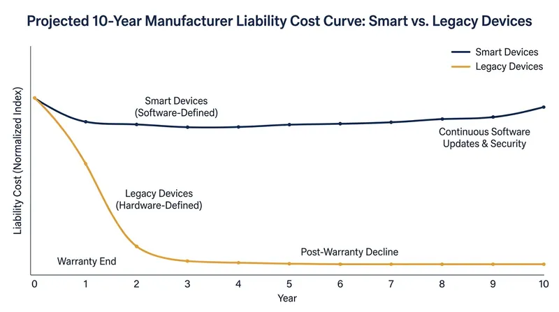 The 'liability premium' is driven by the decade-long software compliance tail.