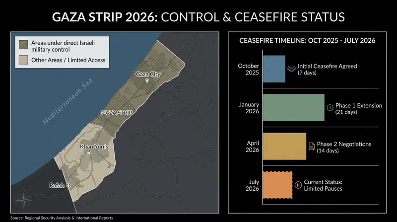 Despite the ceasefire, Israel maintains direct military control over the majority of the Gaza Strip.