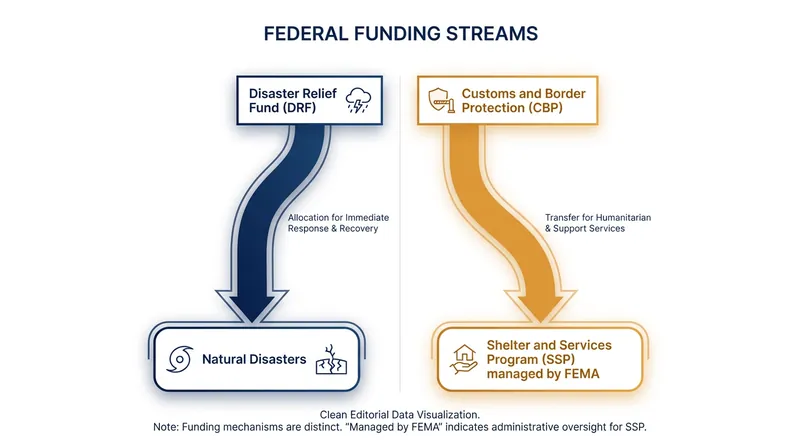Federal budgets separate disaster relief funds from migrant shelter reimbursements.