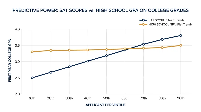 Data from Opportunity Insights shows standardized test scores strongly predict college success, while high school GPAs offer little differentiation.