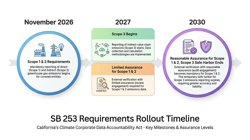 The phased implementation of SB 253 gradually increases reporting scope and audit rigor.