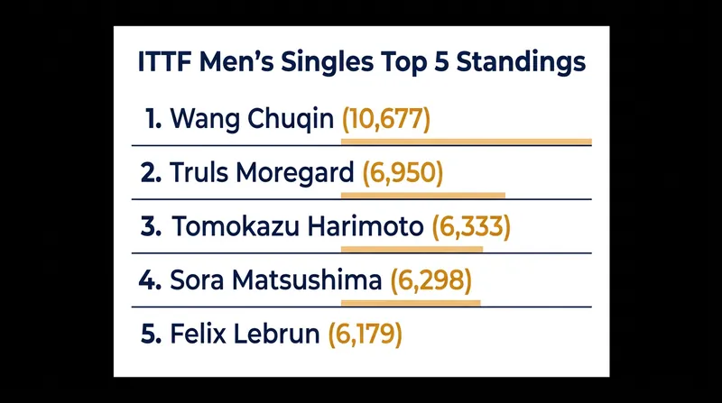 The July 2026 ITTF Men's Singles Top 5 standings highlight a massive point gap after No. 1, followed by a tight international cluster.