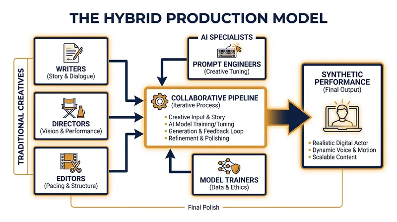 How traditional filmmakers and AI specialists collaborate in a hybrid production model.