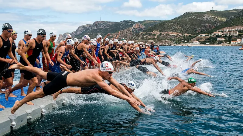 Athletes dive into the Atlantic Ocean for the final 10km marathon race of the 2026 circuit.