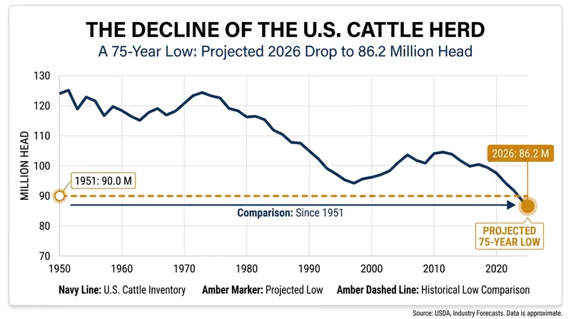 The U.S. cattle inventory has reached its lowest point since 1951.