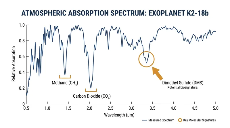 JWST spectral data revealing the presence of Dimethyl Sulfide (DMS), a gas produced exclusively by life on Earth.