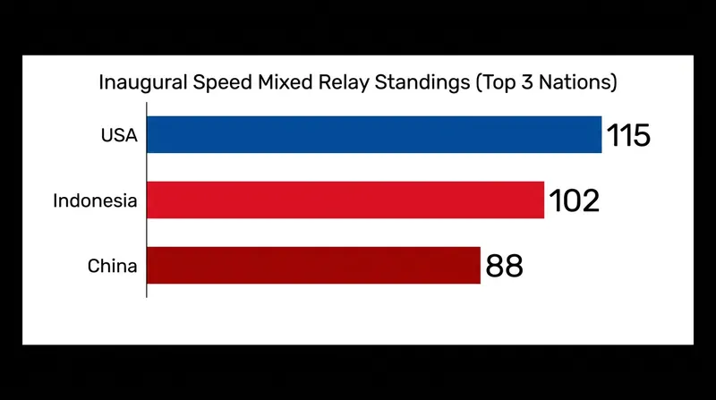 Team USA leads the inaugural Speed Mixed Relay standings, closely trailed by Indonesia and China.