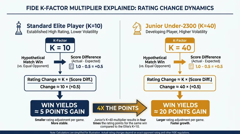 The FIDE K-factor of 40 acts as a multiplier, allowing junior players to rapidly gain rating points when their skill level suddenly spikes.