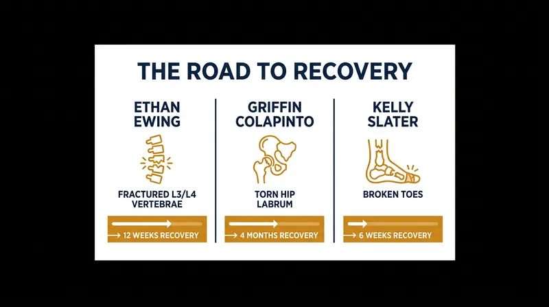 Recovery timelines for major injuries sustained by top-tier surfers.