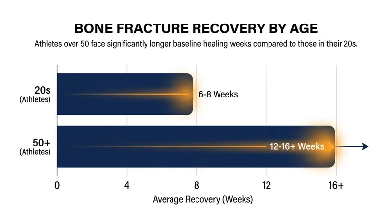 Sports medicine data illustrates the extended healing timelines required for major bone fractures in older athletes.