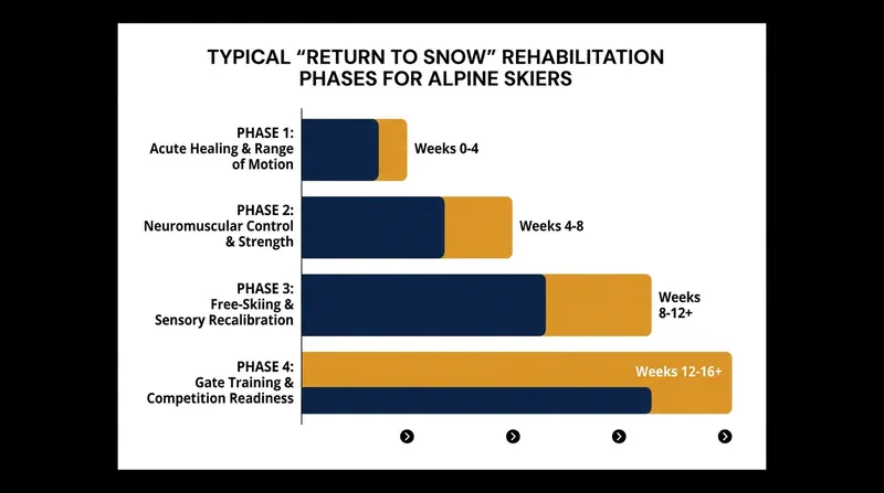 The structured phases of rehabilitation required before an alpine skier can safely return to competition.