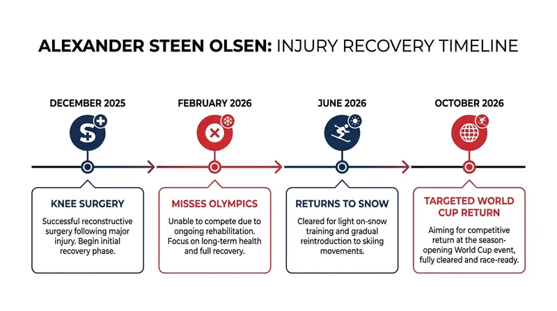 Timeline of Alexander Steen Olsen's recovery and targeted return to competition.