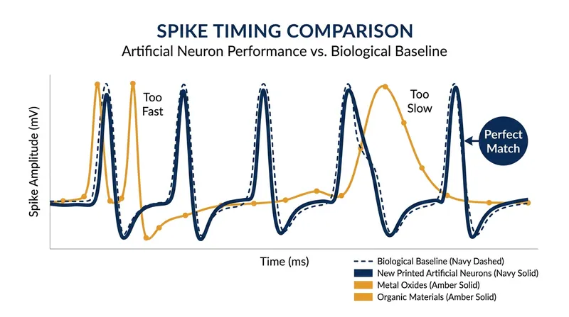 Unlike previous materials, the new printed neurons operate on the exact timescale required to communicate with living cells.