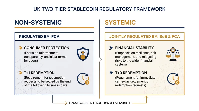 How the UK divides stablecoin oversight based on economic scale.