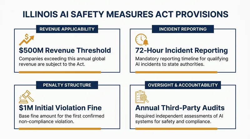 Key provisions of the Illinois Artificial Intelligence Safety Measures Act.