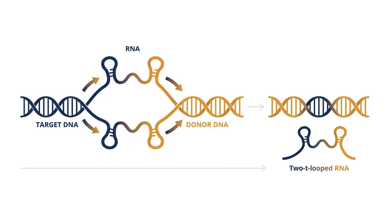 Unlike CRISPR's single guide, bridge recombinases use a two-looped RNA to physically connect the target DNA with the replacement sequence.