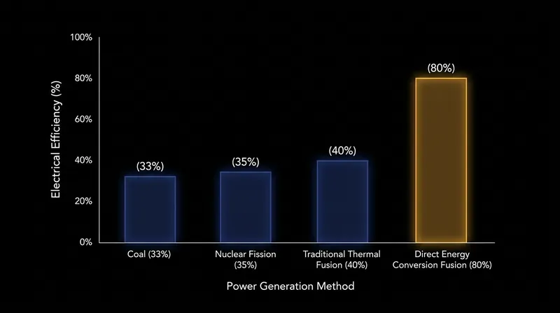 By avoiding the thermodynamic limits of boiling water, direct conversion can theoretically double electrical efficiency.