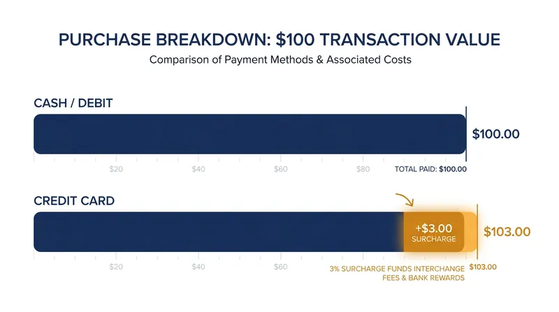 How the 3% credit card surcharge alters the final checkout price.