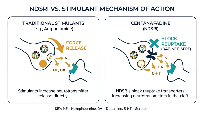 Unlike traditional stimulants, centanafadine blocks the reuptake of neurotransmitters rather than forcing their release.