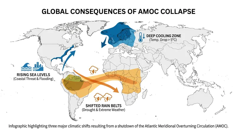 A collapse would trigger severe cooling in Europe, accelerated sea-level rise in the US, and disrupted monsoons in the Global South.
