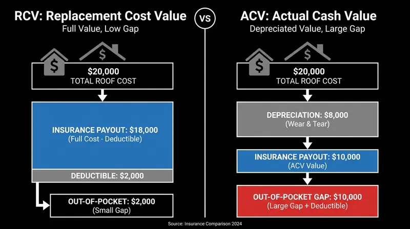 While ACV policies lower monthly premiums, they leave homeowners responsible for the depreciated value of the roof if it is destroyed.