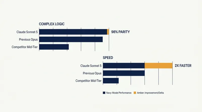 Sonnet 5 achieves near-parity with previous flagship models while operating at twice the speed.