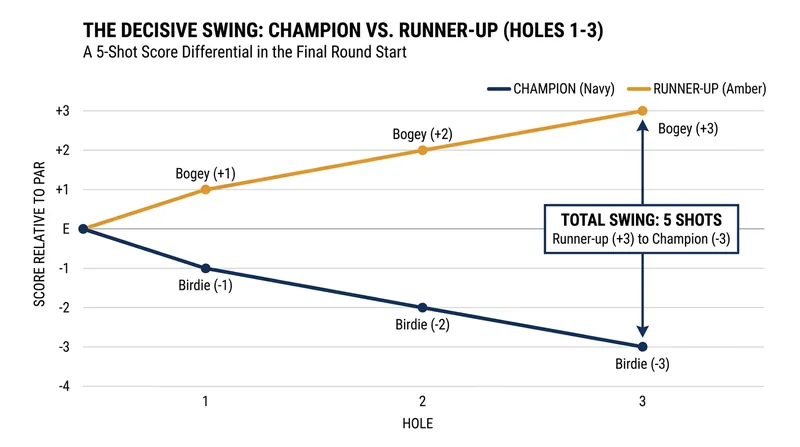 The tournament turned on the opening three holes, where Harrington erased a one-shot deficit to build a three-shot lead.