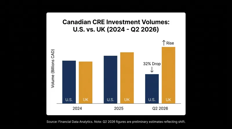 Canadian institutional investment in U.S. commercial real estate dropped 32% in Q2 2026, while UK allocations surged.