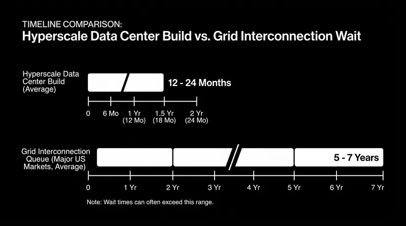 The timing mismatch between data center construction and public grid expansion has made power availability the industry's primary bottleneck.