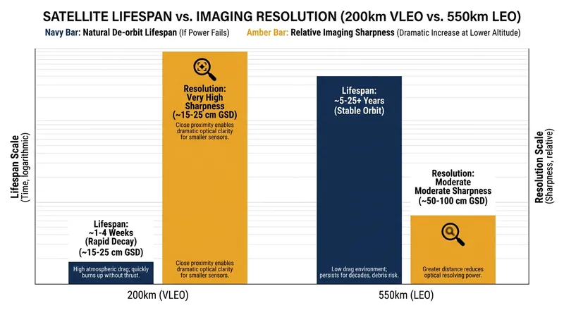 Operating in VLEO provides exponentially better imaging resolution and ensures dead satellites burn up quickly rather than becoming space debris.