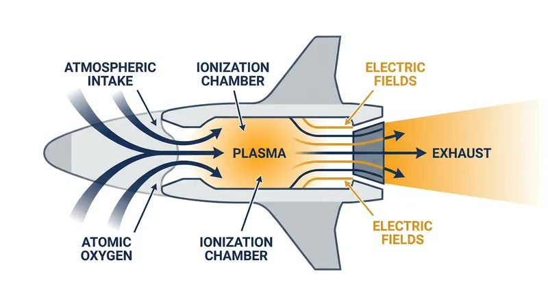 How ABEP works: The engine scoops residual atmospheric gases, ionizes them using solar power, and accelerates the plasma to generate thrust.