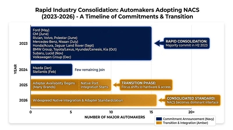 Between 2023 and 2026, nearly every major automaker operating in North America committed to transitioning their fleets to the J3400 standard.