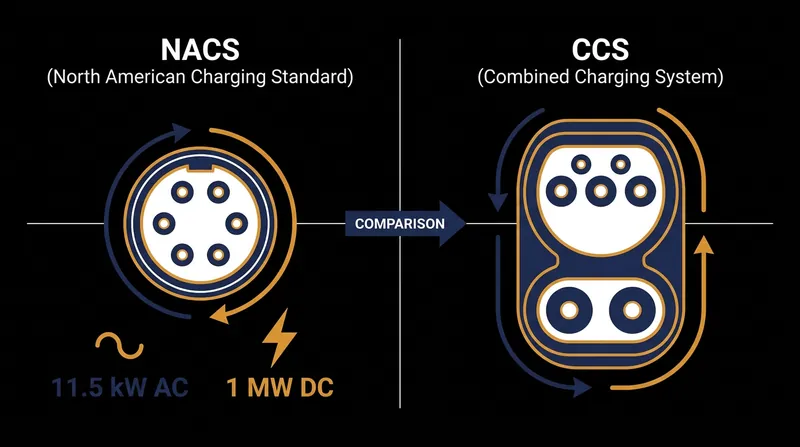 The compact 5-pin NACS design handles both AC and DC power, eliminating the need for the bulky secondary pins found on legacy CCS plugs.