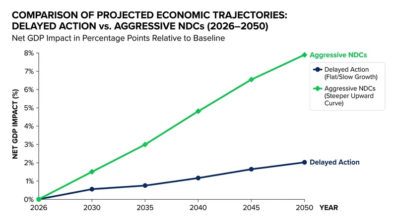 Aggressive climate pledges consistently outperform delayed action in long-term macroeconomic models.