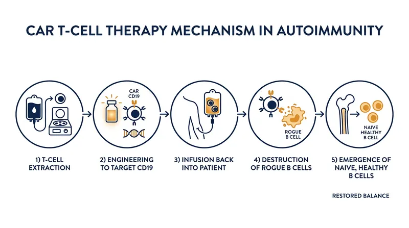 How CAR T-cells trigger a deep immune reset by eliminating autoantibody-producing B cells.