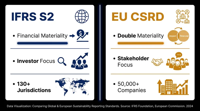While IFRS S2 focuses on financial risk to the company, the EU CSRD requires reporting on the company's external impact.