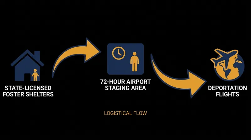The staging area aims to consolidate migrants near the runway to prevent logistical bottlenecks.