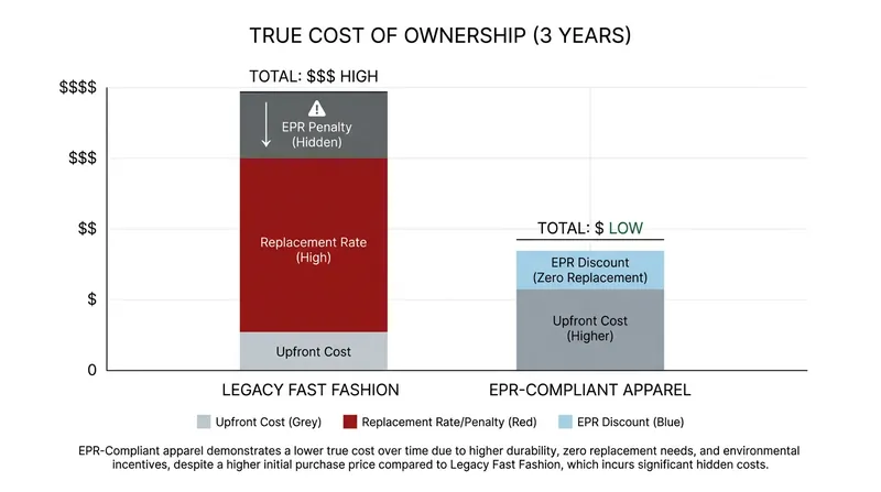 While fast fashion is cheaper upfront, EPR penalties and replacement rates make durable garments more cost-effective over time.