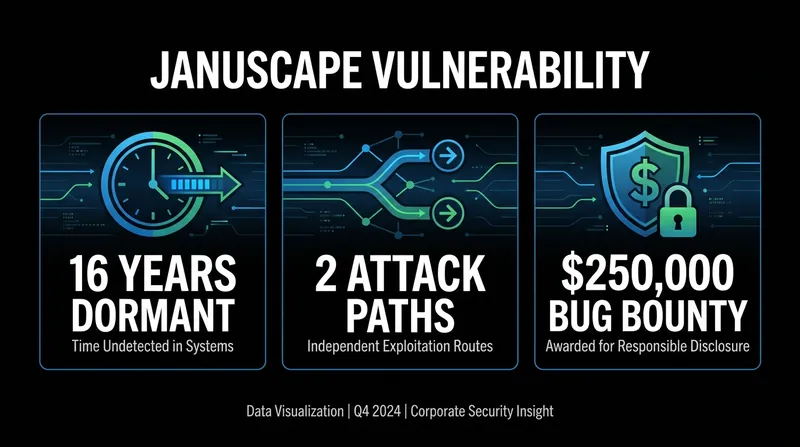 Key metrics surrounding the discovery and patching of the Januscape vulnerability.