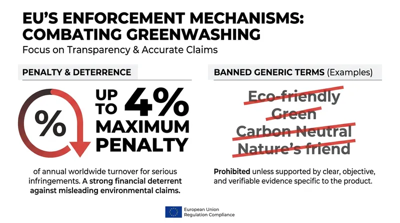 Companies face severe financial penalties for using generic environmental buzzwords without recognized proof.