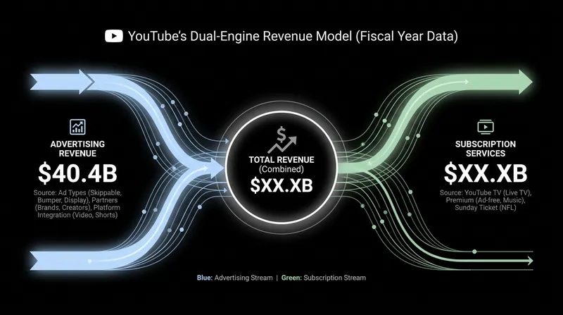 While advertising remains the core engine, subscriptions now account for nearly a third of YouTube's total revenue.