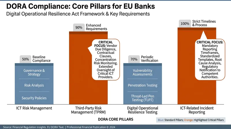 The DORA framework shifts regulatory focus from capital requirements to operational resilience against ICT disruptions.