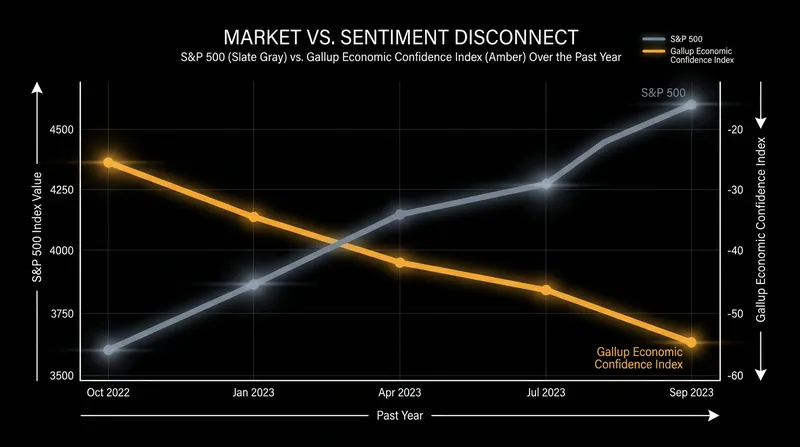 The 'vibecession' disconnect: Market performance has decoupled from consumer economic confidence.