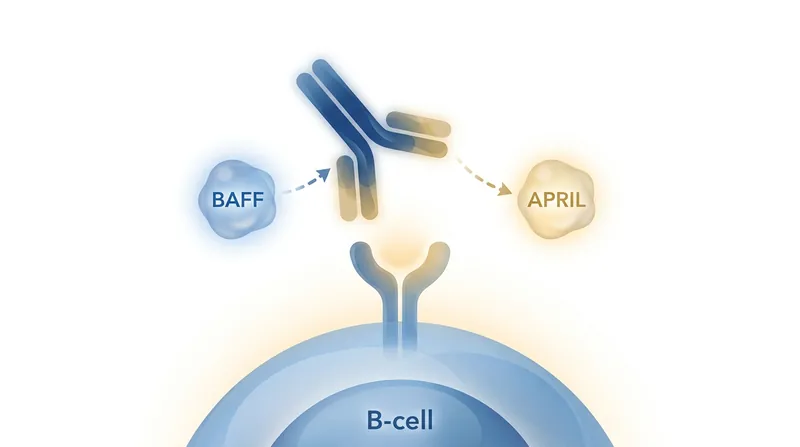 The dual-inhibitor design simultaneously blocks the BAFF and APRIL survival signals, starving the rogue B-cells.