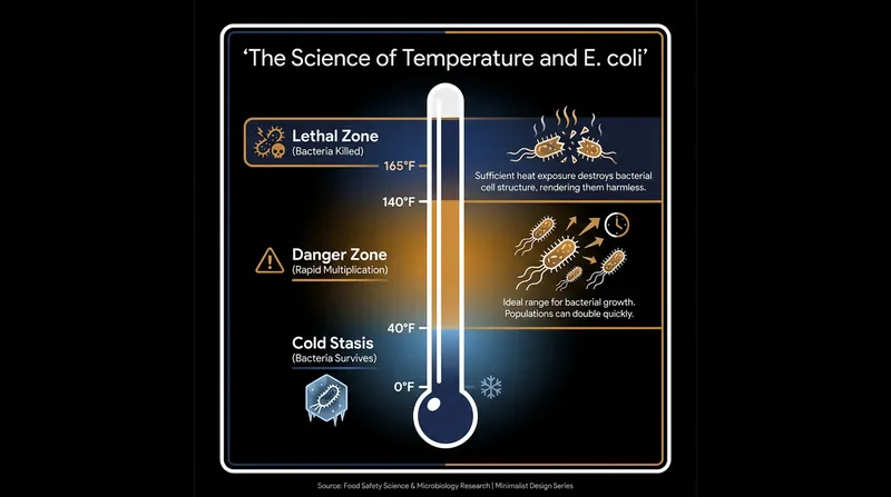 While cooking food to 165°F kills E. coli, the 0°F environment of a standard home freezer merely puts the bacteria into a state of suspended animation.