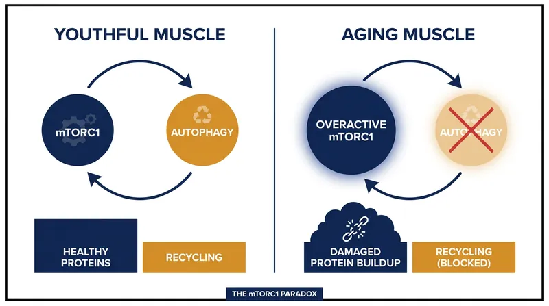 In aging muscles, the mTORC1 pathway becomes chronically overactive, halting the cellular cleanup process known as autophagy.